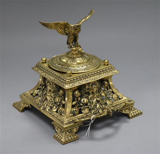 A cast brass inkstand with eagle mounted lid Height 19cm